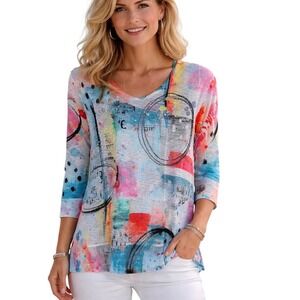 Jess & Jane Medium Miami Tunic Top NWT Abstract‎ Art Made in USA Long Sleeve M